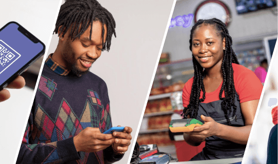 Group of happy individuals making payment